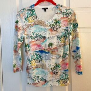 Talbots Petite Beach Print Cardigan Size P 3/4 Sleeve